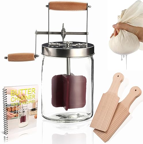 Dazey Butter Churn paño de queso y paletas de mantequilla de madera de haya incluidas, batidora de mantequilla de manivela de mano, máquina manual