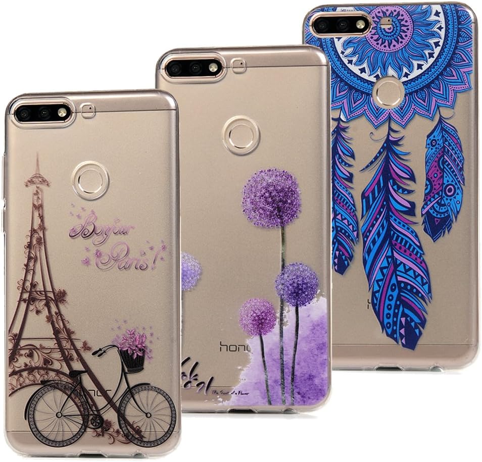 3x Case for Huawei Honor 7C, Cover TPU Silicon Clear Lightweight Thin Flexible Bumper Protective Shell - Tower, Dandelion, Dream Catcher