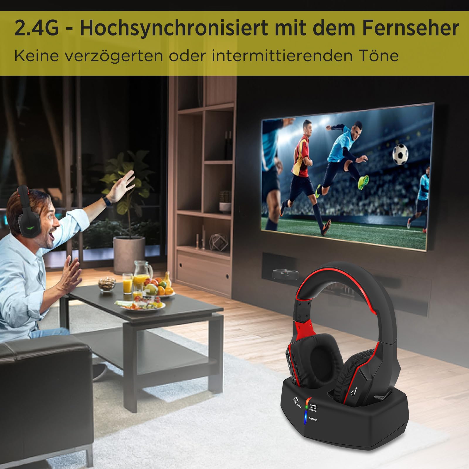 WallarGe Funkkopfhörer für Fernseher/TV, Over-Ear kabellose kopfhörer mit RF Digitales Ladestation mit Reichweite 33 m für Fernseher HiFi, Sender mit Optisches und Aux Port (Schwarz & Rot)