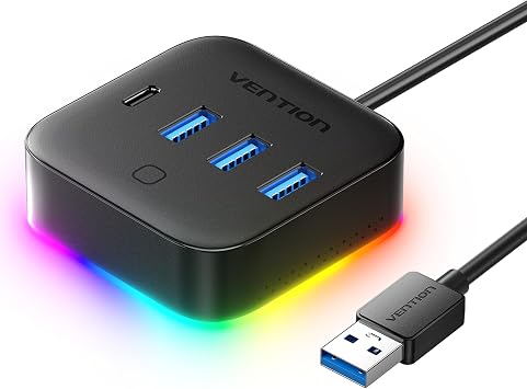 VENTION 4 in 1 Port USB Hub with RGB Light, 5Gbps USB A Splitter with USB 3.2 Gen 1Type-C, USB A 3.03 Data Ports and 15V/2A Power Port for Laptop/MacBook/Keyboard, 0.25M