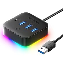 VENTION 4 in 1 Port USB Hub with RGB Light, 5Gbps USB A Splitter with USB 3.2 Gen 1Type-C, USB A 3.03 Data Ports and 15V/2A Power Port for Laptop/MacBook/Keyboard, 0.25M