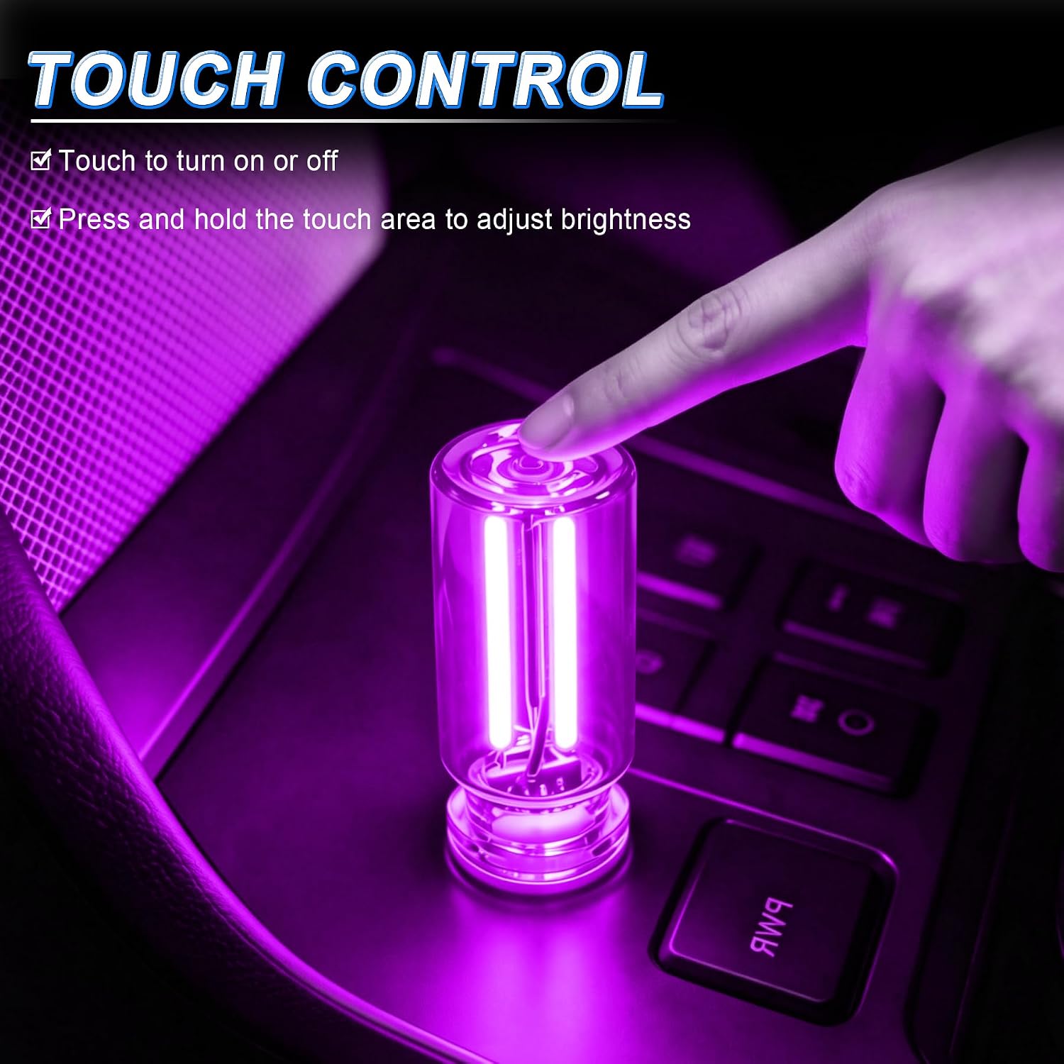 iFunyLED Car Interior USB LED Night Light, Portable Touch dimmable Car Ambient Lighting Kit, Retro Mini Transparent Glass Bottle Lamp Decorations for Vehicle Camping Bedroom Hallway, Pack of 2(Purple) image 4