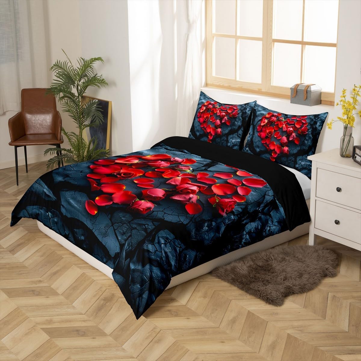 Valentine's Day Duvet Cover Set Toddler Size,Romantic Red Rose Flowers Print Reversible Quilt Cover for Kids Boys Girls Floral Stone Pattern Couple Gift Bedding Set with 1 Pillowcase,No Comforter