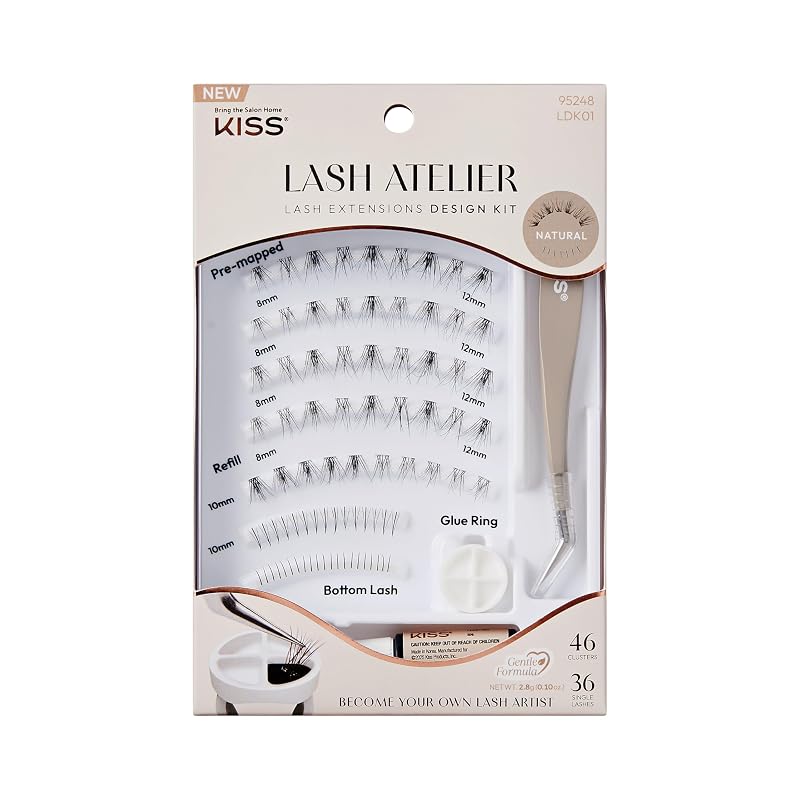 KISS Kit de Extensão de Cílios Lash Atelier Natural com aplicador, anel para cola e 72 cílios