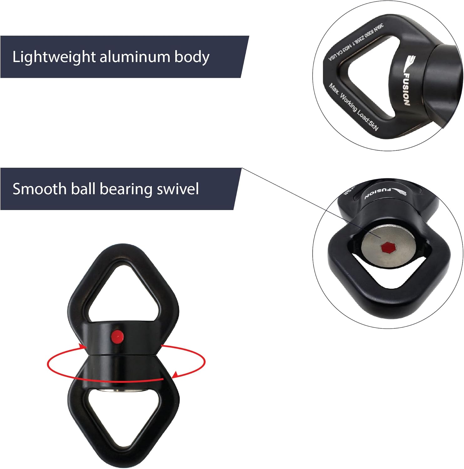 Fusion Climb Delta Swivel - Safest Rotational Device Hanger for Web Tree Swing, Therapy Swing, Aerial Dance, Rock Climbing, Hanging Hammocks (FP-8300-BLKBLK)