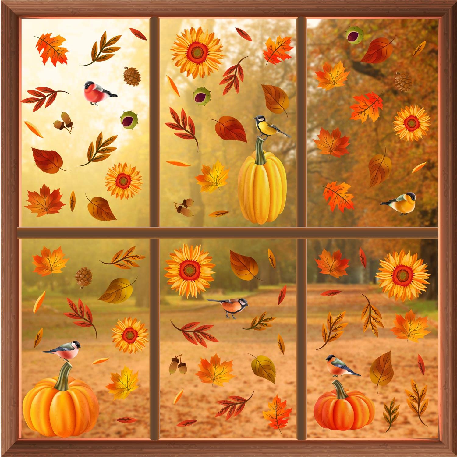 Thanksgiving Autumn Fall Window Clings for Glass Windows Stickers Large Window Clings Fall Leaves Seasonal Decorations for Kids Fall Window Decor and Clearance Autumn Leaves with Sunflowers