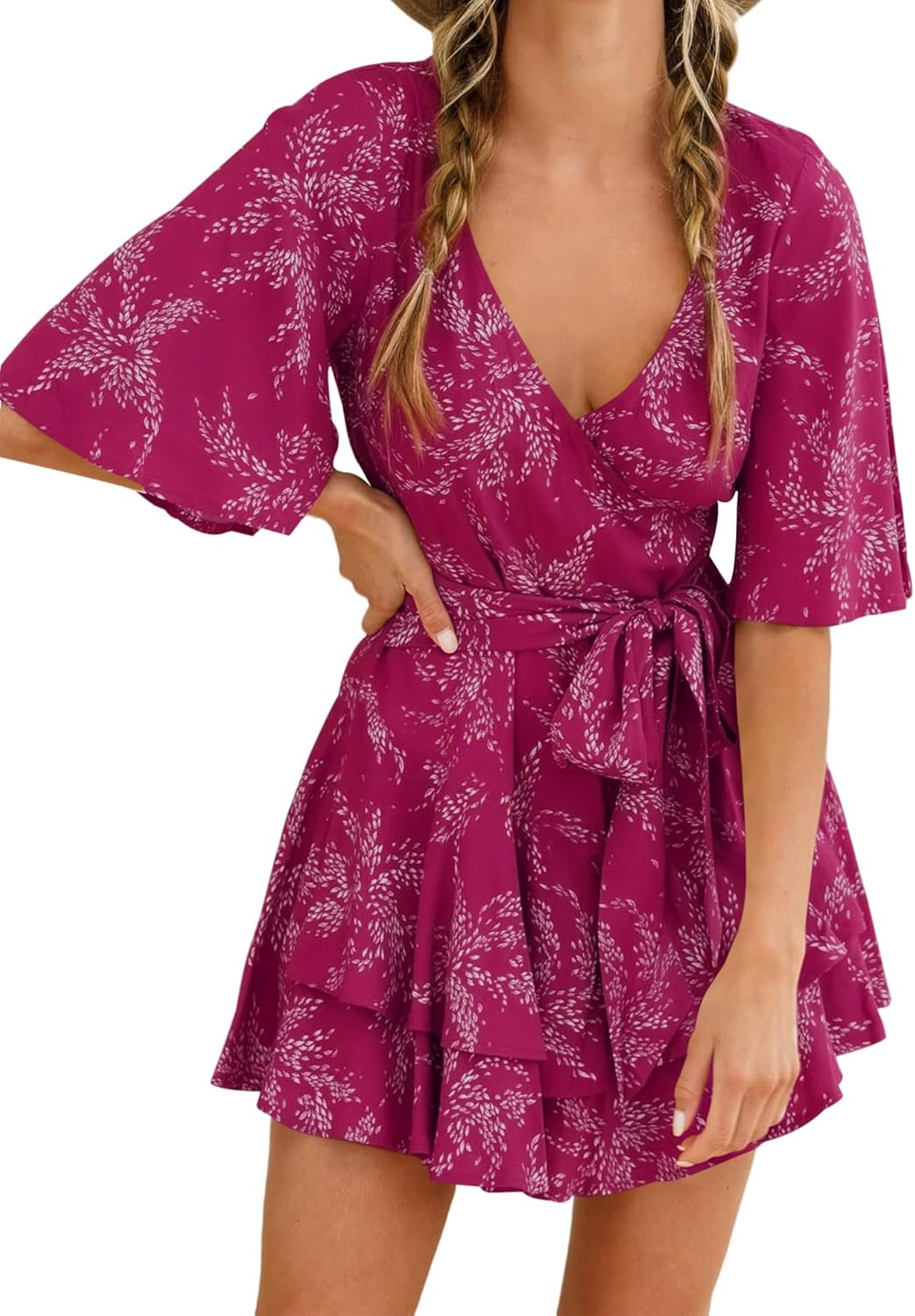 Relipop Women’s Summer Romper Floral V Neck Short Sleeve Waist Tie Ruffle Hem Vacation Outfits 2026 Casual One Piece Jumpsuit - Image 2