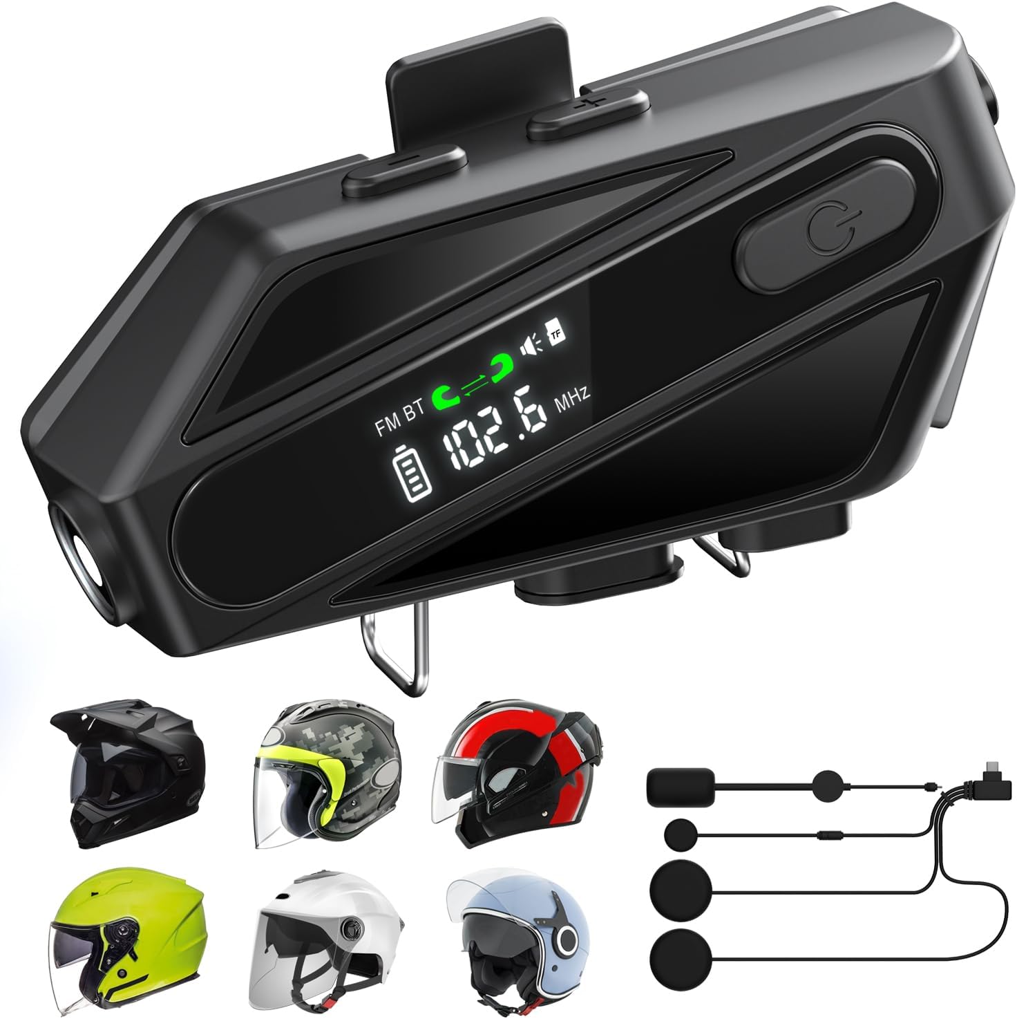 Motorcycle Helmet Bluetooth Speakers Headset with LED Screen, 2-Way Helmet Intercom System Headphone with 2 Type Mics, TF Card Slot, Hands-Free FM Music/Call, 1000mAh Battery, IPX6, Noise Cancellation