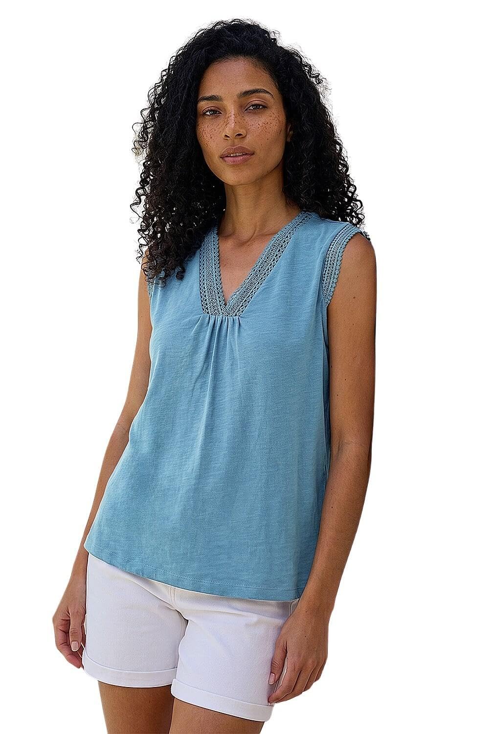 Roman Women's Sleeveless V-Neck Cotton Top - Blue - Size 16
