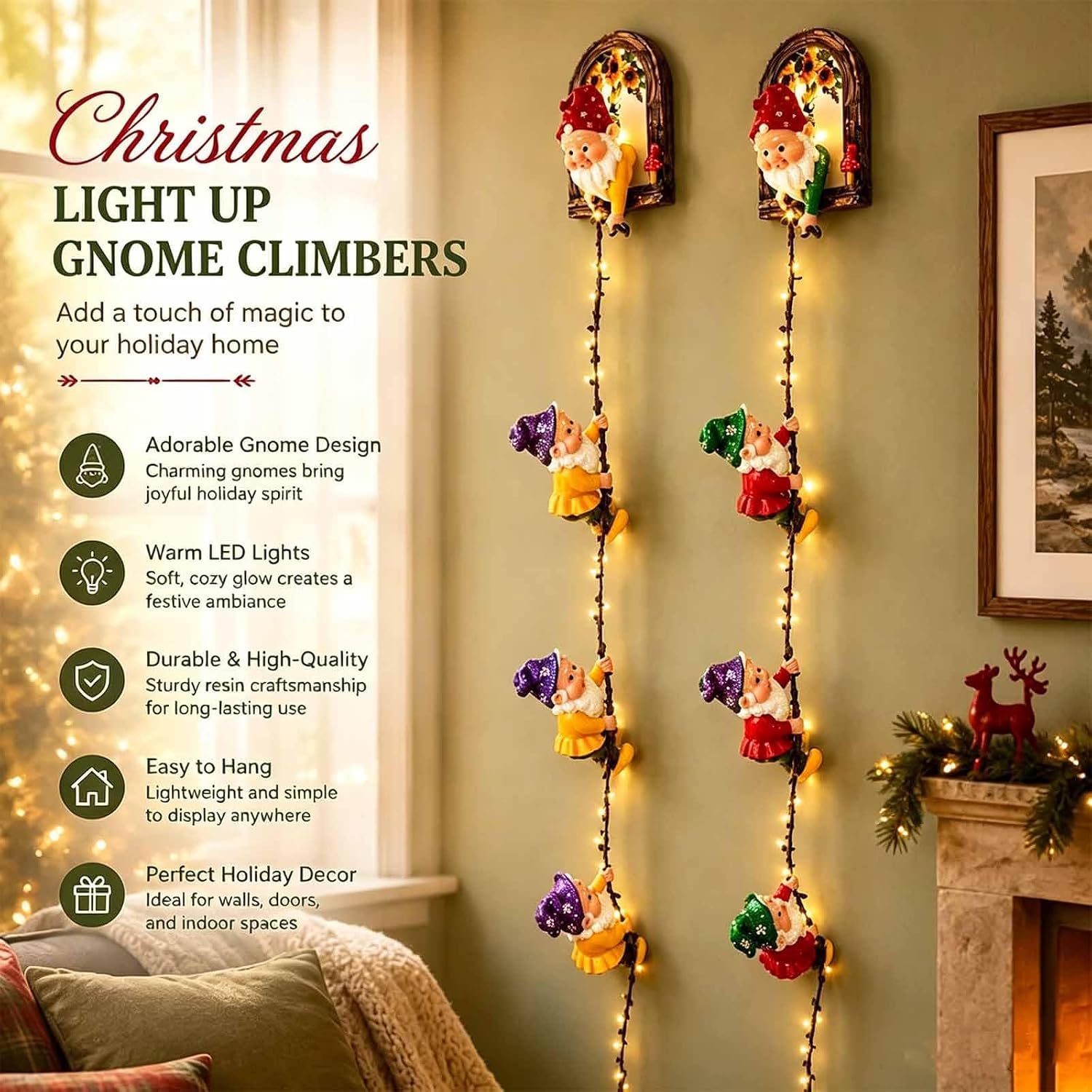Cadena de Luces navideñas para gnomos, estatuas de gnomos trepadores con Cadena de Luces LED, para Colgar en la Pared, Divertida decoración de Pared de gnomos con Cuerda para Escalar