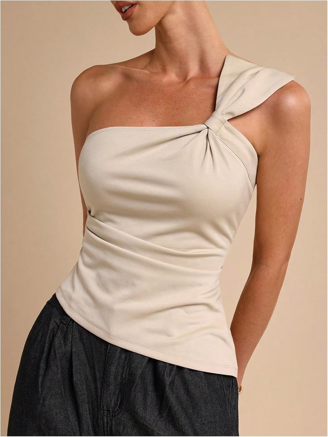 WDIRARA Women's Bowknot Ruched Tank Tops Sleeveless Asymmetrical Fitted Tops - Image 2