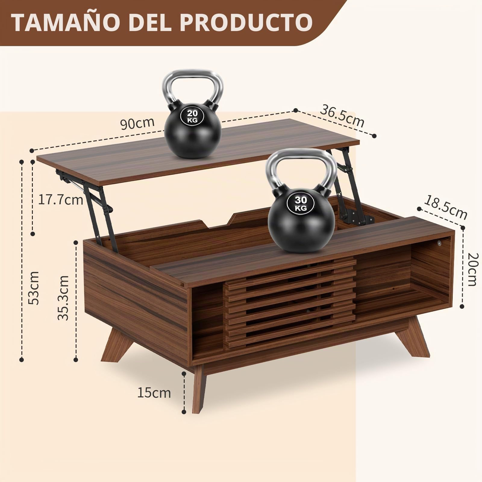 MSFE Mesa Centro Elevable, Mesa Elevable con Espacio de Almacenamiento y Extensión, Mesas de Café para Salón, Retro Medieval Mesas, Marrón Vintag
