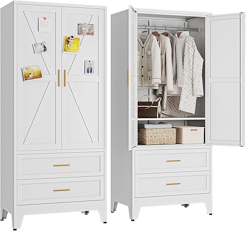 Miniatura 10 de Armario de metal Guardarropa Closet con Barra para Colgar, 71'' Gabinete Guardarropa de Metal con 2 Puertas y 2 Estantes Ajustables, Armarios de