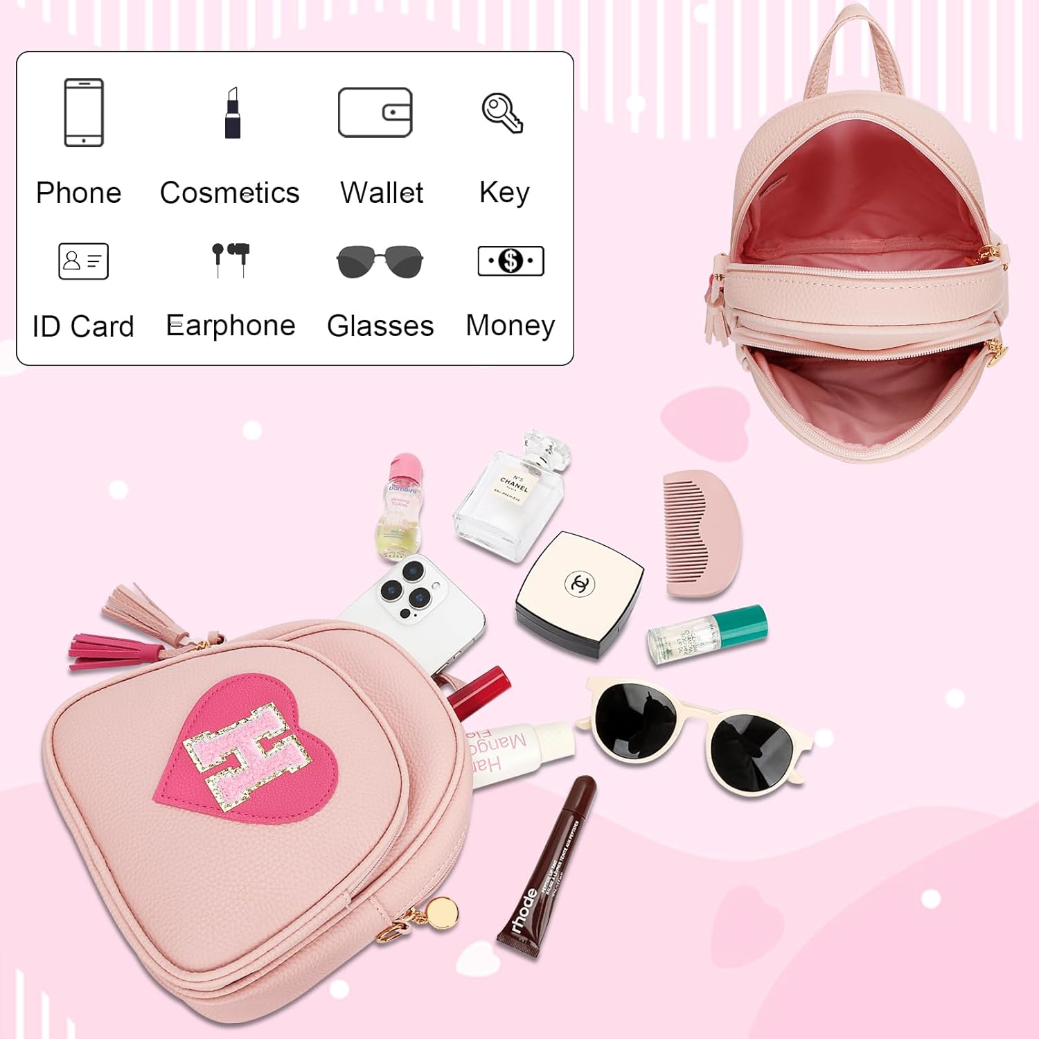 Easter Gifts for Kids Gifts for Girls Little Girl Initial Mini Heart Backpack Purse Crossbody Bag with Tassel，Pink-H