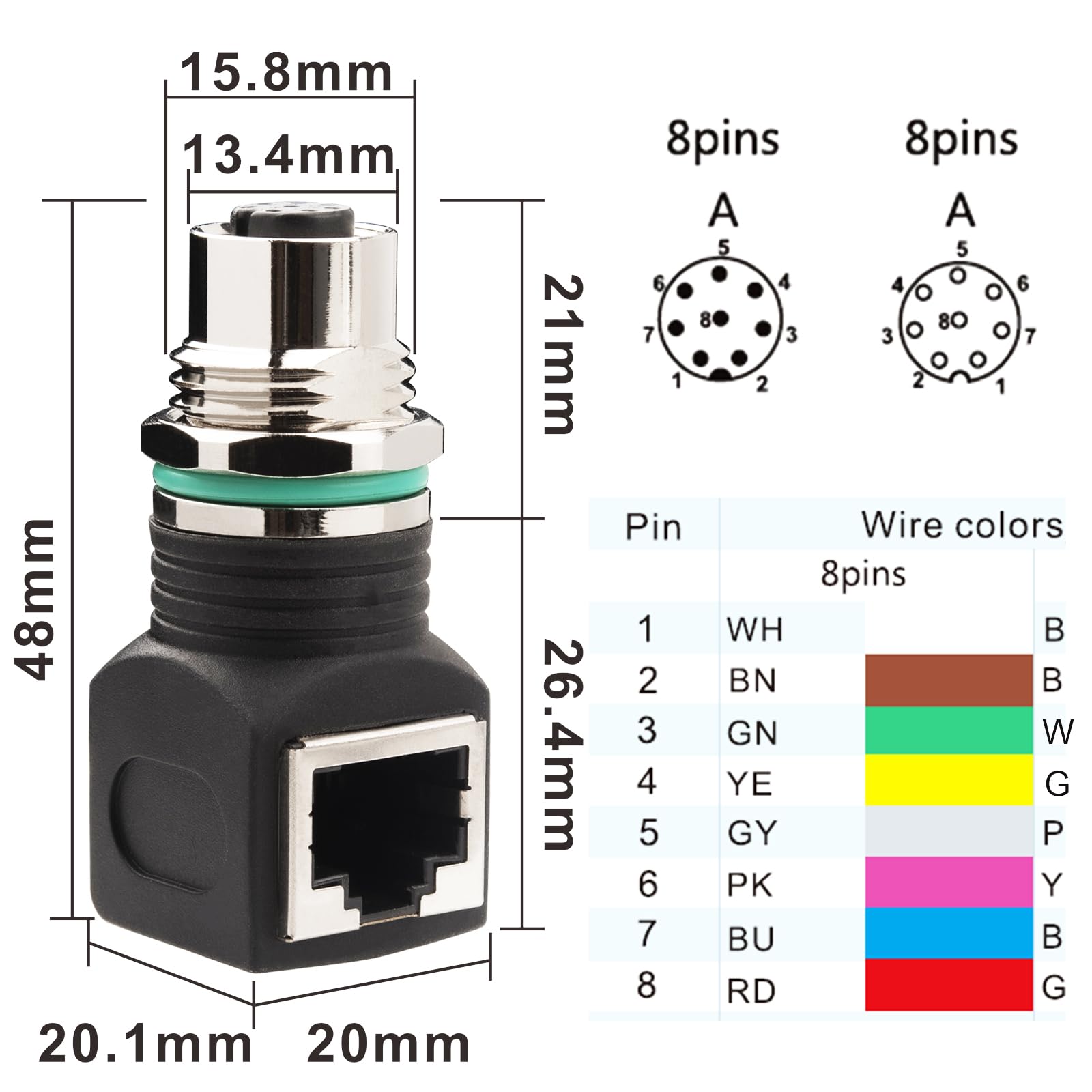 Lonlonty Industrial Ethernet Adapter, RJ45 to M12 8-Pin Female, IP67 Waterproof & Shielded, 10Gb/s, Cat6/Cat5 Network - Image 2