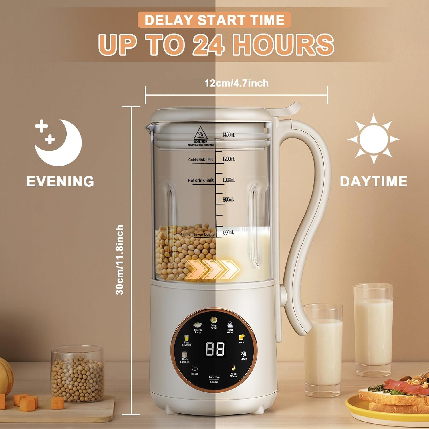 Automatischer Sojamilchbereiter, 1400 ml, mit 12-Stunden-Reservierung, Warmhalten & Wärme, Nussmilchmaschine für hausgemachte Hafermilch, Saft, Mandeln, Sojabohnen