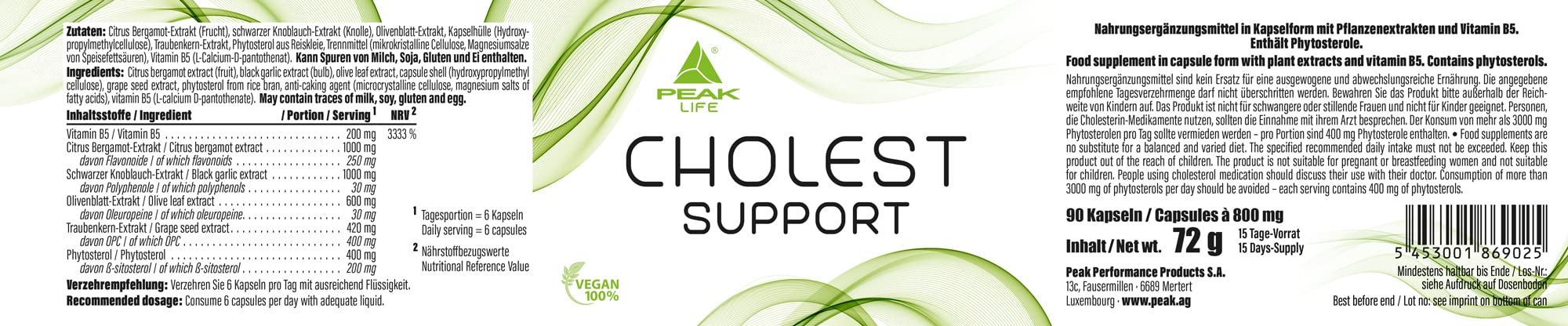 PEAK Cholest Support - 90 Kapseln I 15 Portionen I zur Cholesterin-Wert Unterstützung I mit Citrus Bergamot, Olivenblatt Extrakt, Beta – Sitosterol, Vitamin B5 I vegan
