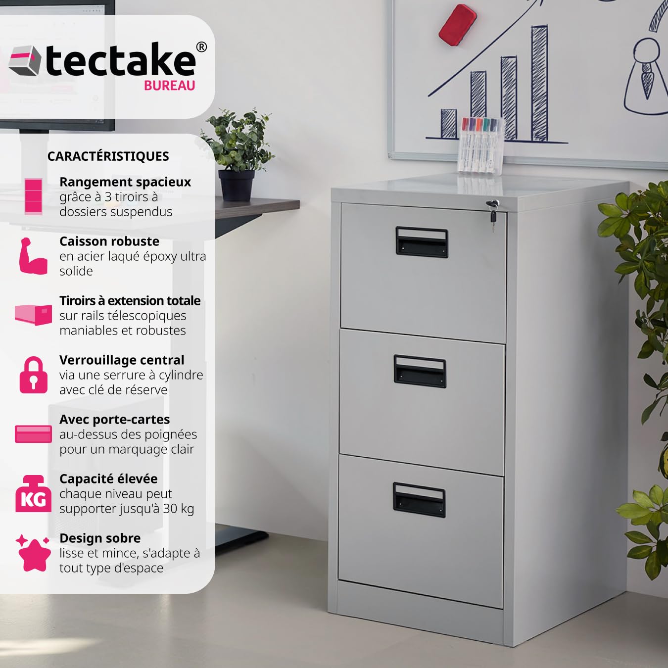 tectake® Armoire de Rangement Meuble tiroir Metallique 3 Tiroirs pour Rangement Dossier, Caisson Bureau pour Dossiers Suspendus au Format DIN 4, Porte Document Bureau 62,4 x 46 x 102,8 cm - Gris