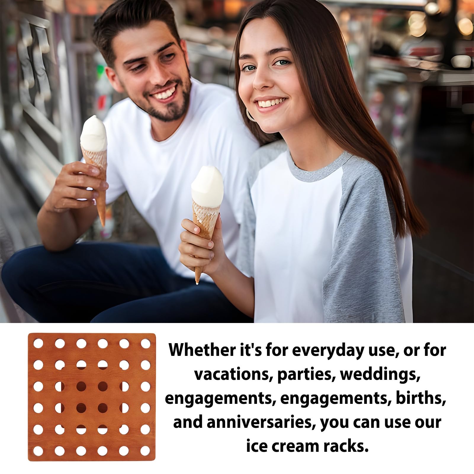 Support de cornet de crème glacée, 33 x 33 cm, présentoir en bois avec 36 trous, support de cônes de charcuterie, plateau de collation, support de nourriture pour fête d'anniversaire, restaurant
