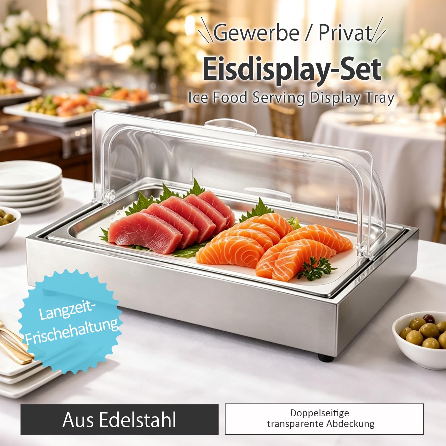 Kurflo Kühl Servierplatte | 58x37x23cm | GN 1/1 Kühlplatte mit Haube, System Kühlschale mit Kühlakku | Frischhalteplatte, Servierhaube mit 2 Kühlakkus | Edelstahl Catering Platte, Buffetvitrine