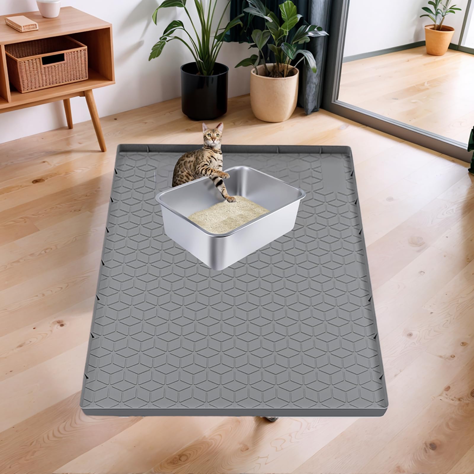 Grand Tapis de Litière pour Chat, 86x56cm (34" X 22") en Silicone pour Bac à Litière, Tapis Imperméable avec Bord Surélevé, Protège-Sol Anti-Traces pour Litière de Chat pour Sols Durs, Facile à