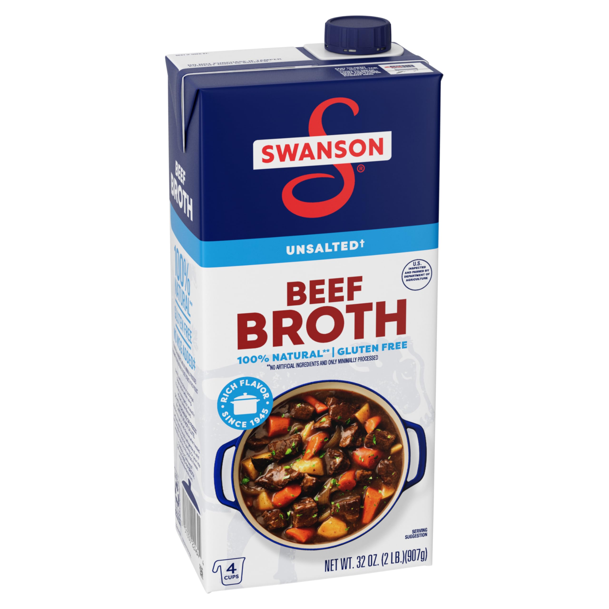 SWANSON S 100% Natural Unsalted Beef Broth, 32 oz Carton