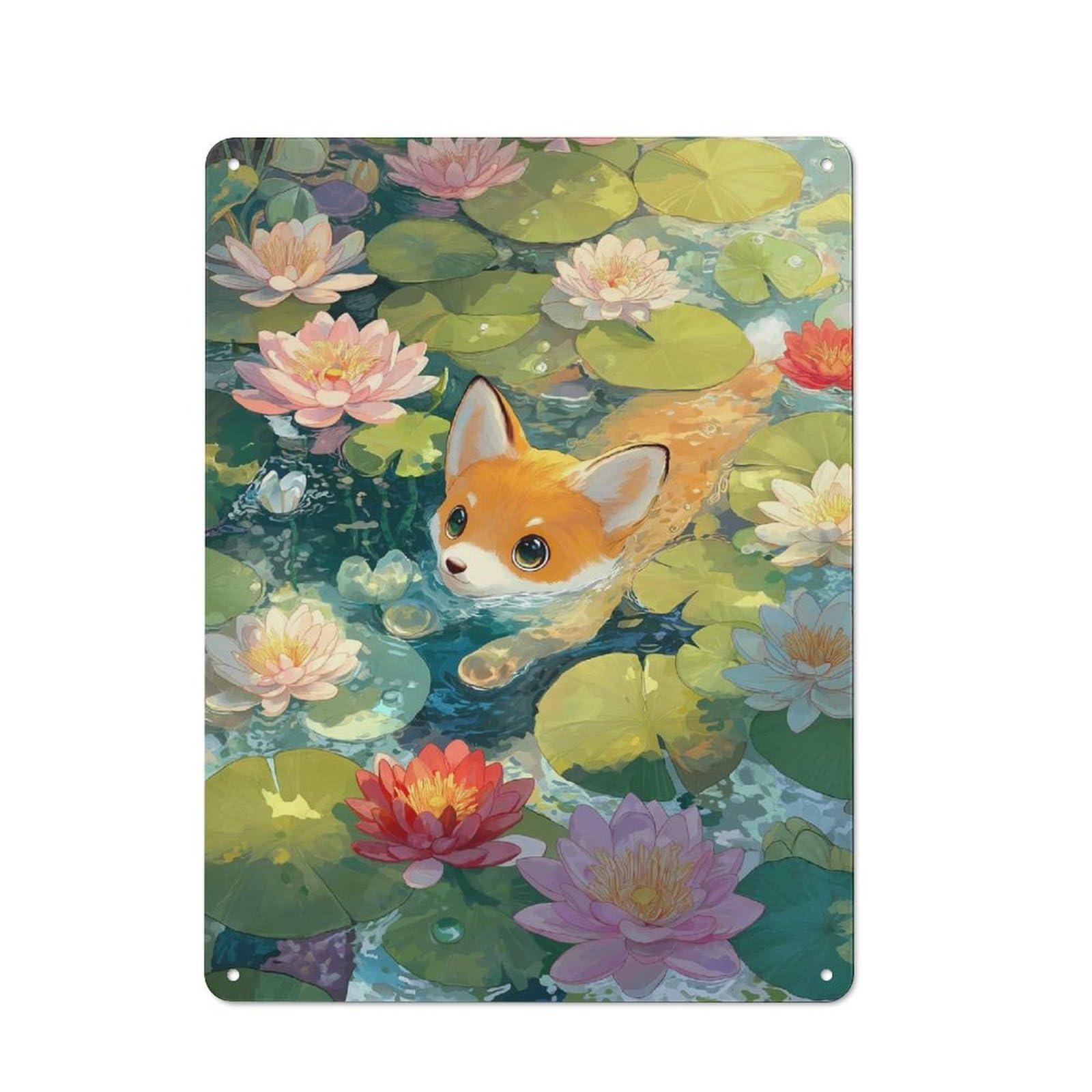 Junmoney Fox Cub Swimming In A Lily Pond Vintage Tin Sign 40X30cm Featuring For Workshop Wall, Gift For Metal Sign Collectors During The Christmas Season