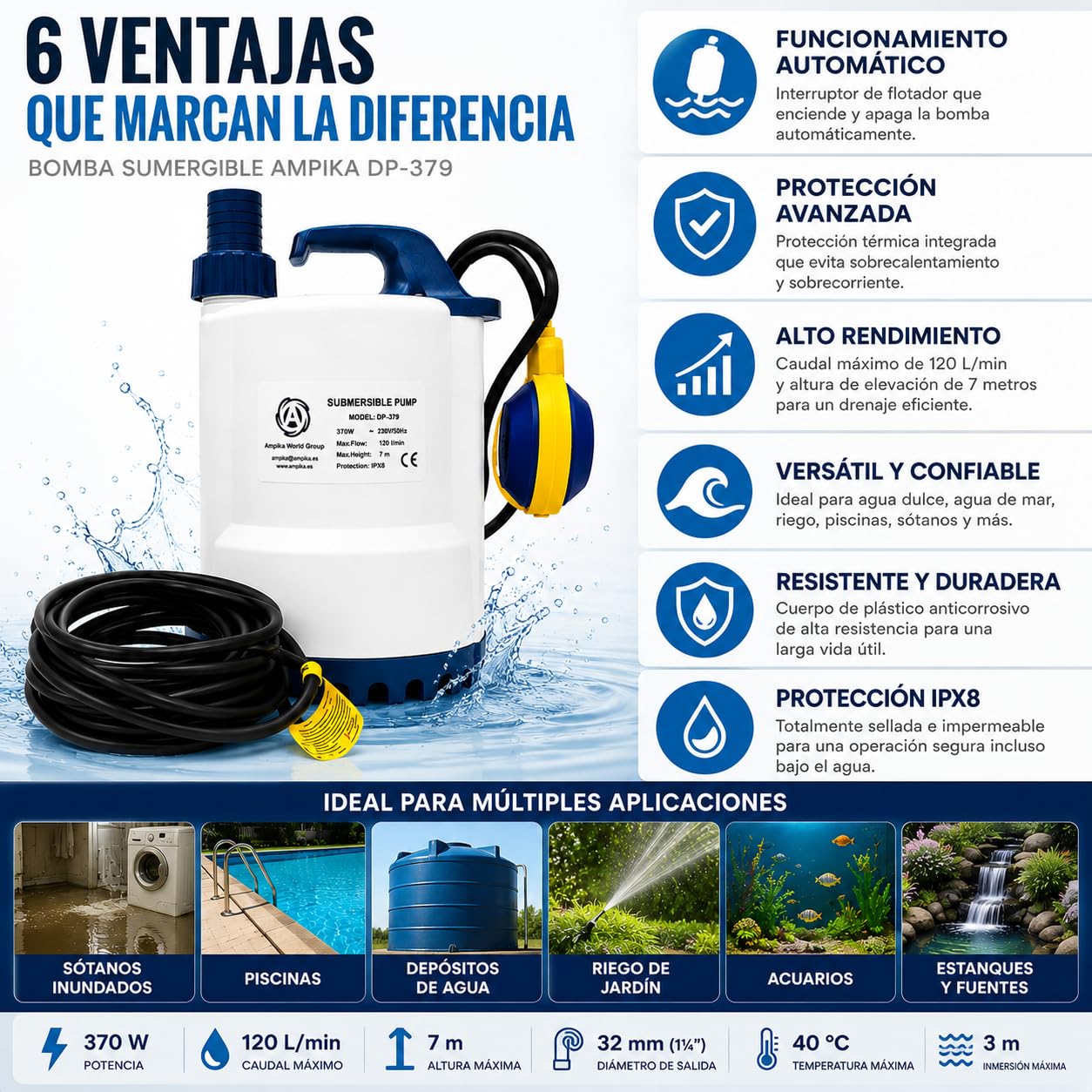 Ampika Bomba Sumergible DP-379 Multiusos Flotador 0.37kW | Profundidad máxima de inmersión de 3 metros