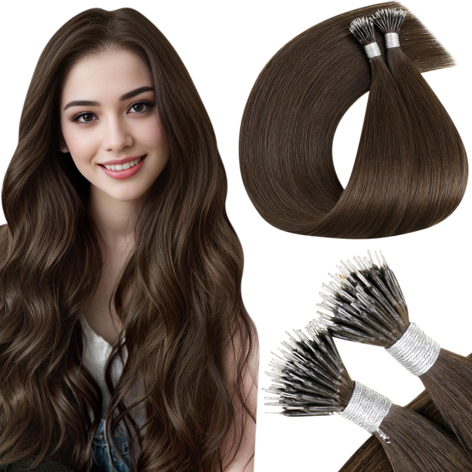 LaaVoo Nano Hair Extensions Real Human Hair Dark Brown Nano Beads Hair Extensions Invisible Nano Ring Straight Remy Hair 50g 50s 14 Inch #4