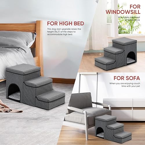 Miniatura 5 de hamraba Escaleras para perros con almacenamiento para perros pequeños, resistentes al agua, 3 niveles, plegables para camas altas, sofá, escaleras