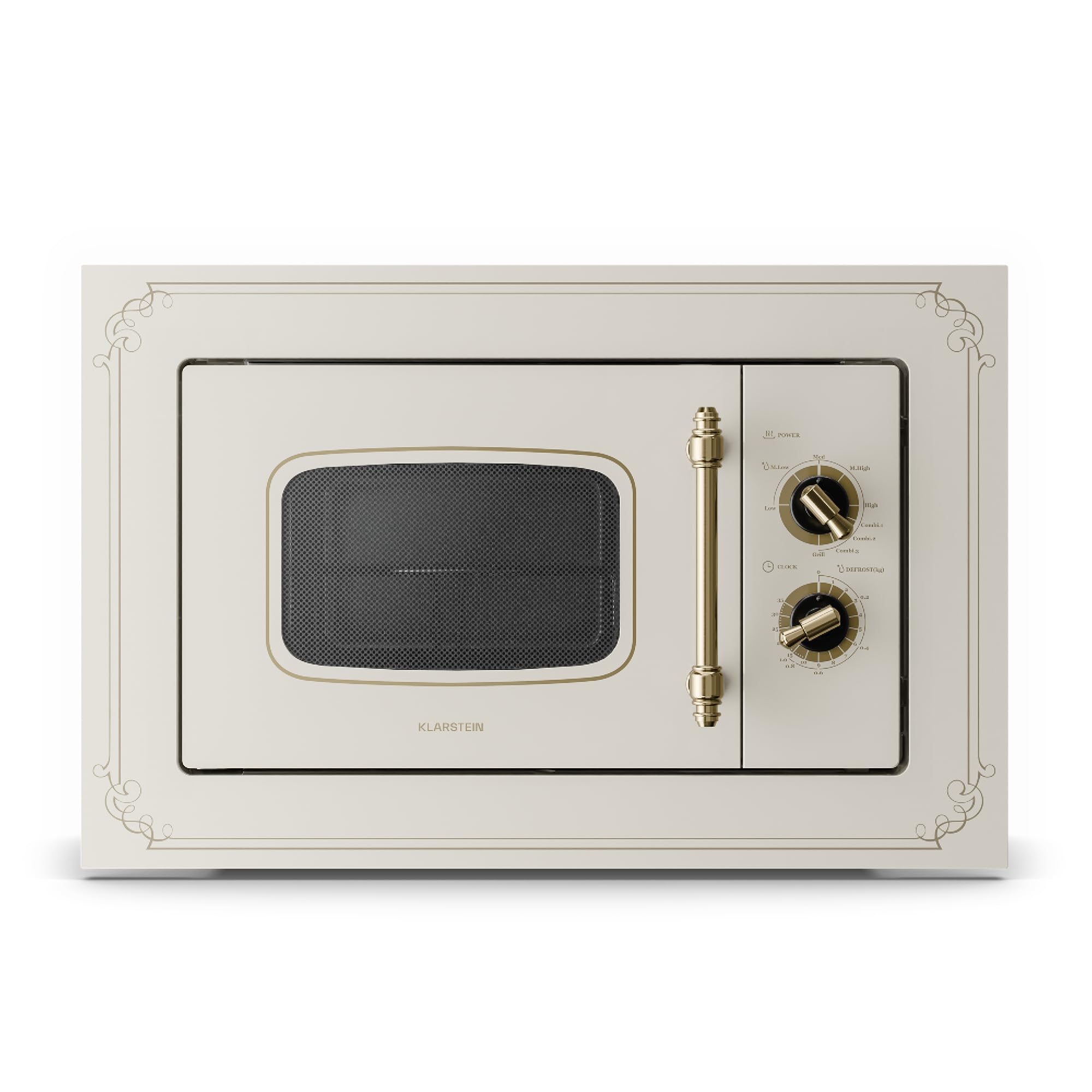 Klarstein Victoria 20 - Built-in Microwave, Retro Design, 20 litres, 800 Watt Microwave / 1000 Watt Grill Power, 3 Grill/Microwave Combo Functions, Stainless Steel, Mounting Frame, Ivory