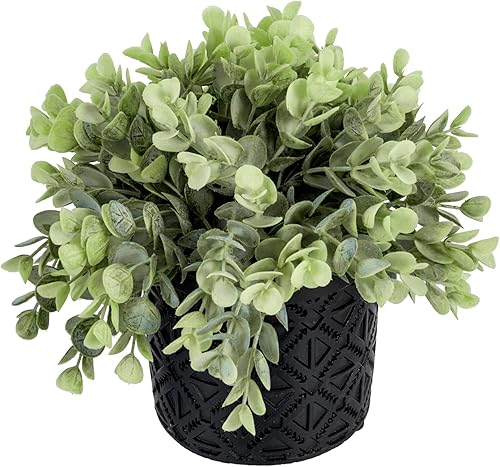 Miniatura 4 de MyGift Planta artificial de eucalipto boj en maceta moderna de hormigón negro con patrón geométrico en relieve, planta de interior sintética