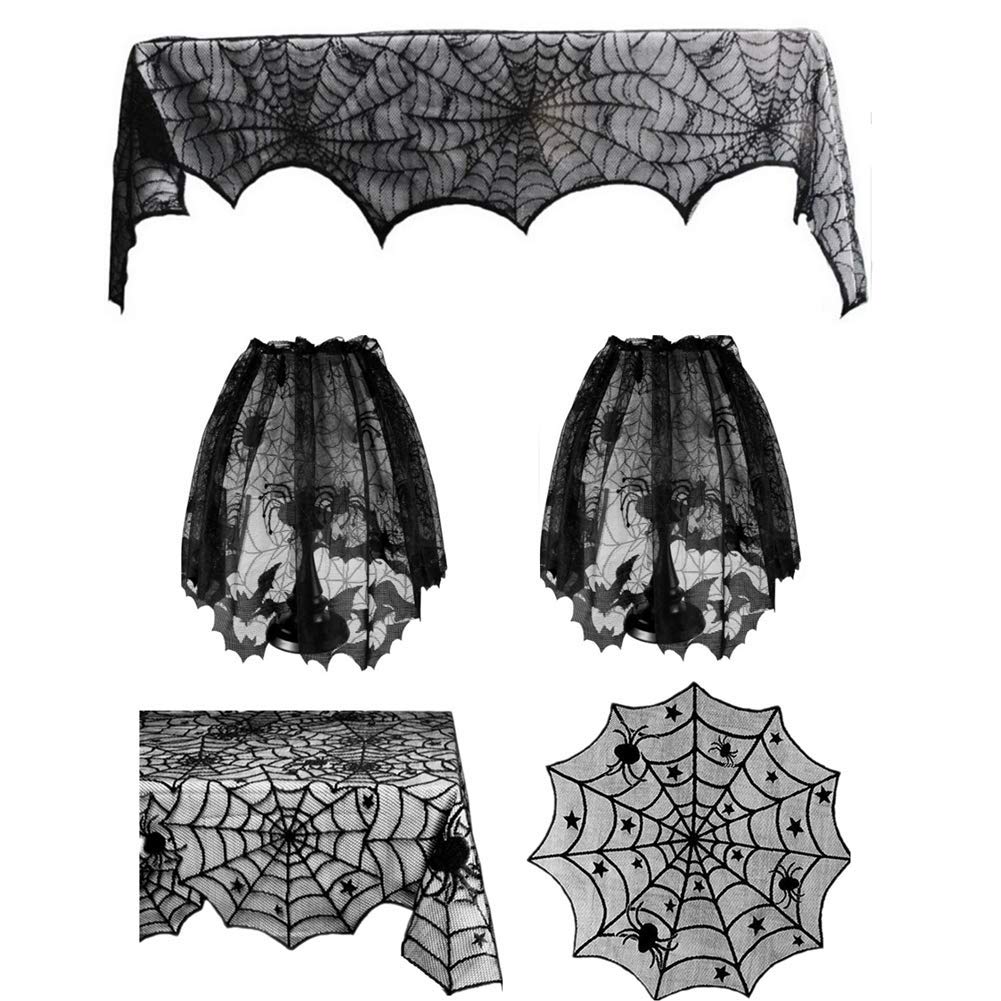 Ulalaza Style-11 Halloween Decorations Sets Black Lace Spiderweb Tablecloth Curtain Table Runner Fireplace Scarf Party Decor