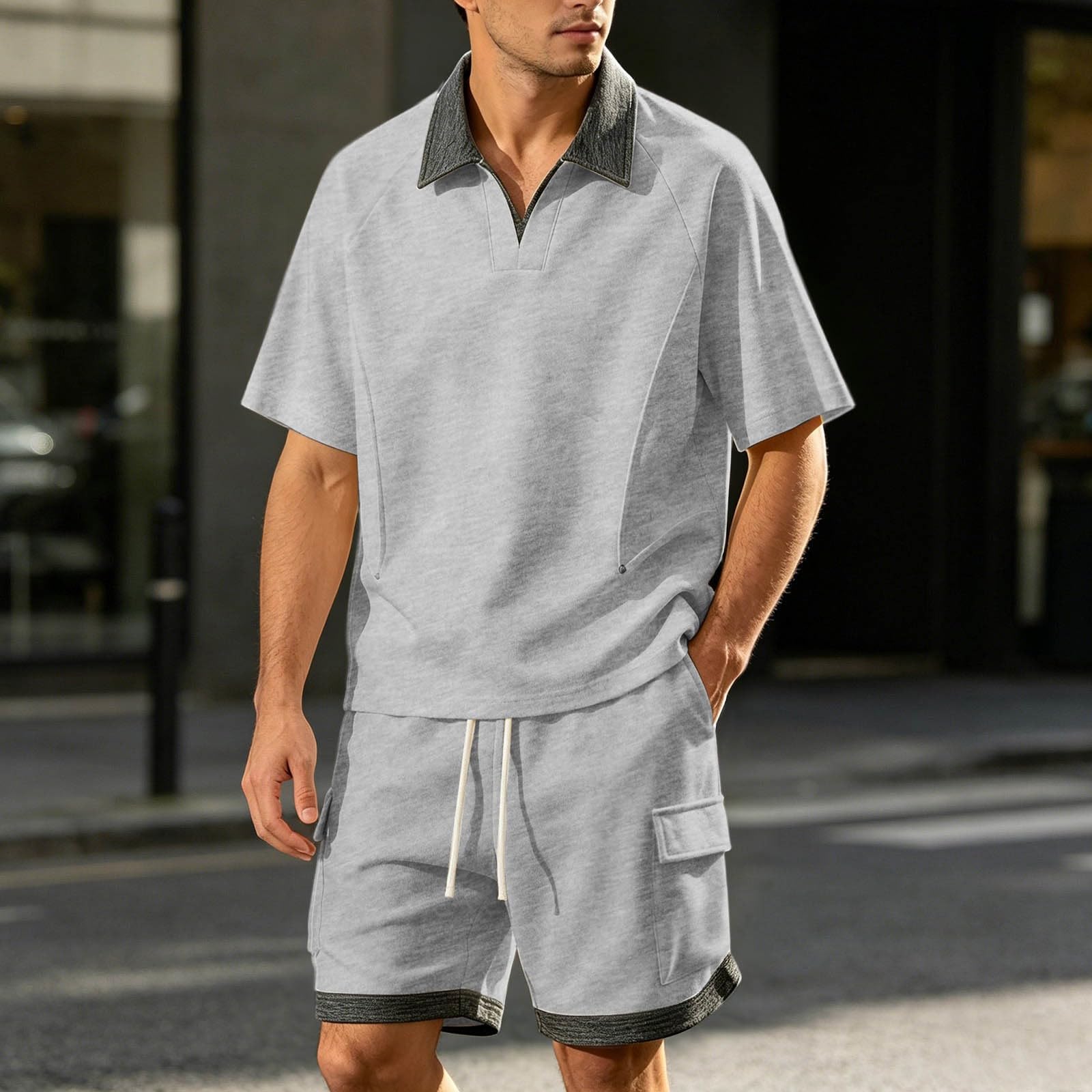 Tuta da jogging da uomo, due pezzi, polo e pantaloncini, con coulisse, estiva, per il tempo libero, abbigliamento sportivo, con risvolto, tuta da allenamento per attività all'aperto