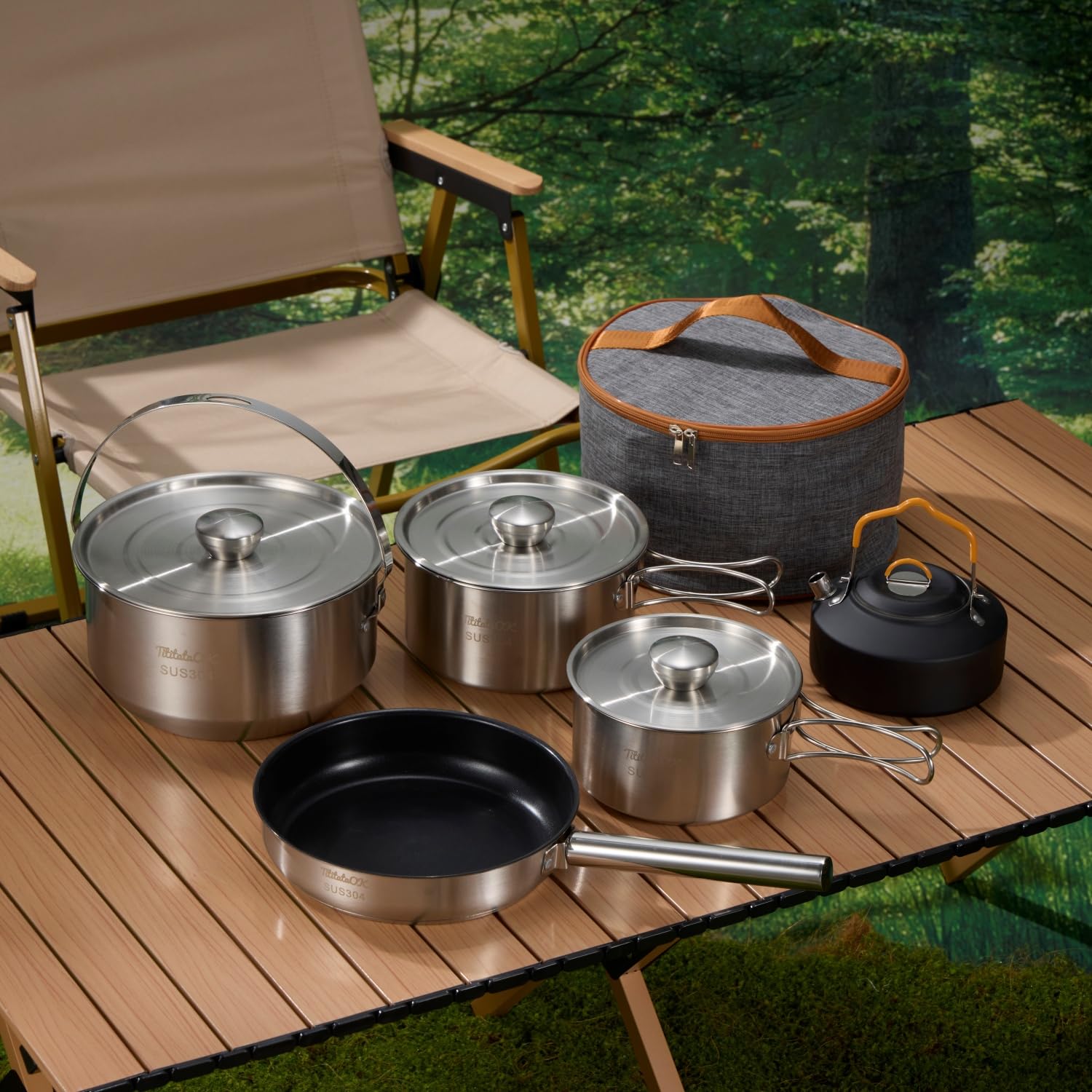 Camping Kochgeschirr Set 304 Edelstahl 10-teilige Töpfe Pfannen, Wasserkocher, Reise Mesh Tasche für Camping, Trekking, Garten Picknick, Backpacking Ausrüstung