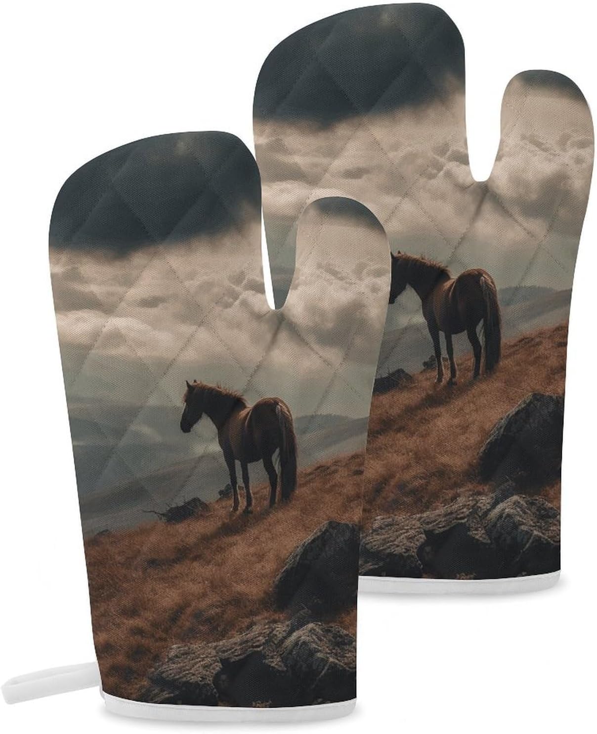 2 Pcs Oven Mitts Heat Resistant Kitchen Gloves Soft Safety Horse Grazing on Mountain Oven Glove for Microwave, Barbecue