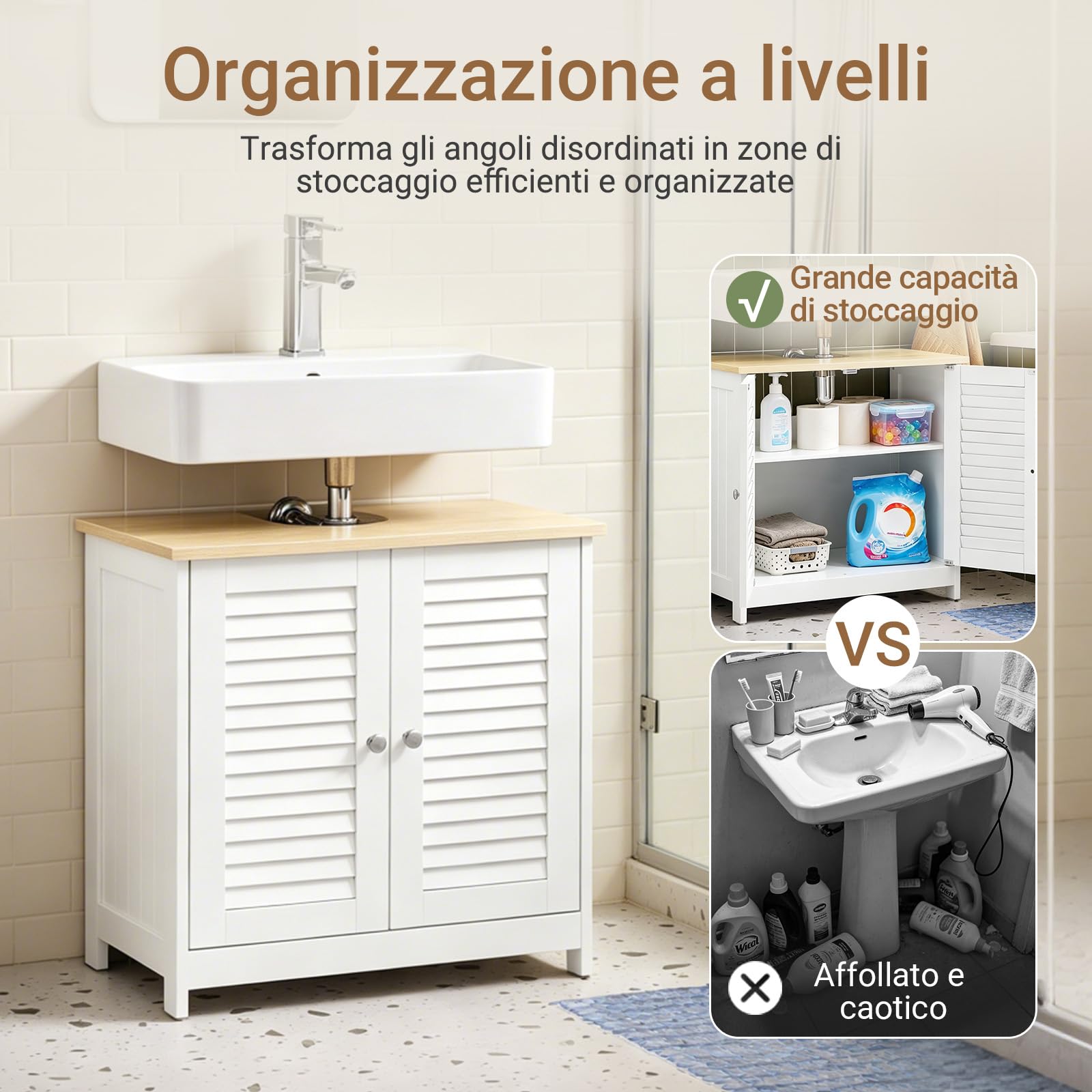 SoBuy Mobile Bagno Salvaspazio Sottolavabo 2 Ante Tapparelle 60x35x59cm | Mobiletto Bagno per Lavabo con Ante In Stile Tapparelle, Bianco-Naturale, L60P35A59cm, FRG237-WN