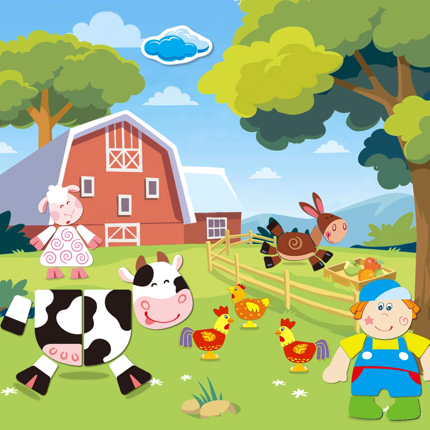 COOLJOY 100+ drewnianych puzzli magnetycznych, z motywem gospodarstwa, dwustronne drewniane puzzle, edukacyjna tablica rysunkowa, drewniana zabawka dla dzieci, chłopców, dziewcząt w wieku 3, 4, 5 lat