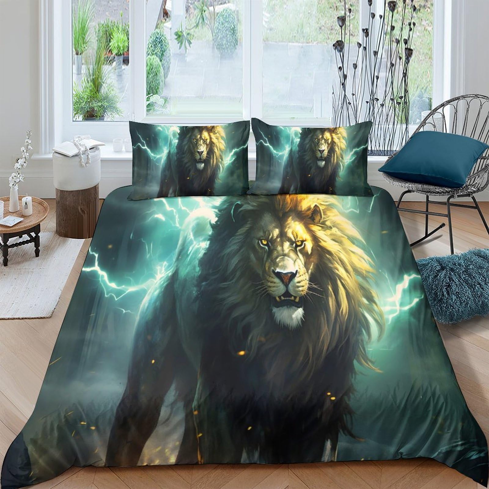 Ctjqhvkz Style-10 3D Printed Thunder Lion Fitted Sheet Microfiber Breathable Lightning King Mattress Cover For Bedroom Guest Room Decor Single（135X200cm）