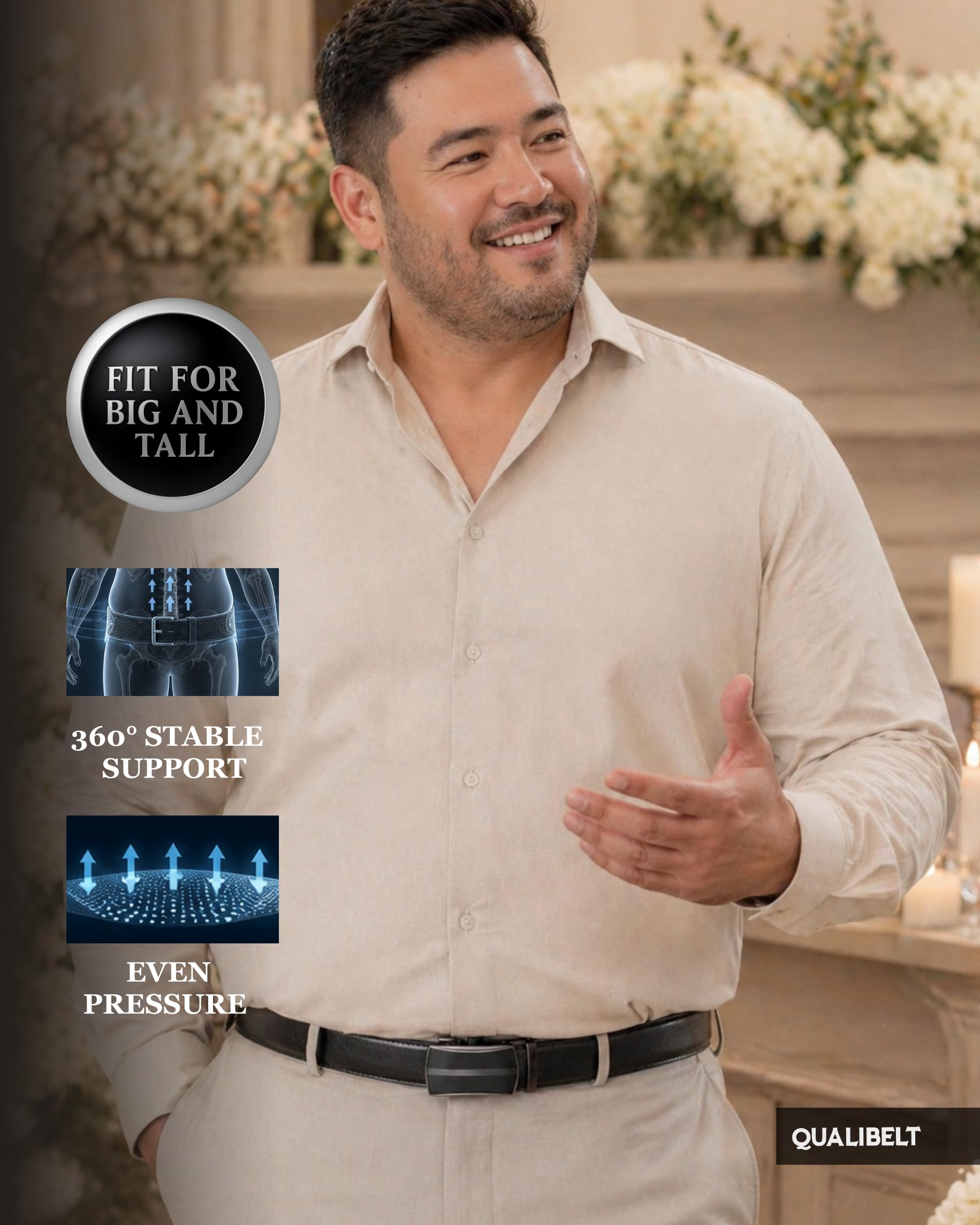 Cinturón de trinquete para hombre, cinturón de vestir de cuero grande y alto, talla grande de hasta 60 pulgadas, ajuste ajustable, 1.38 pulgadas, sin pellizcos de vientre