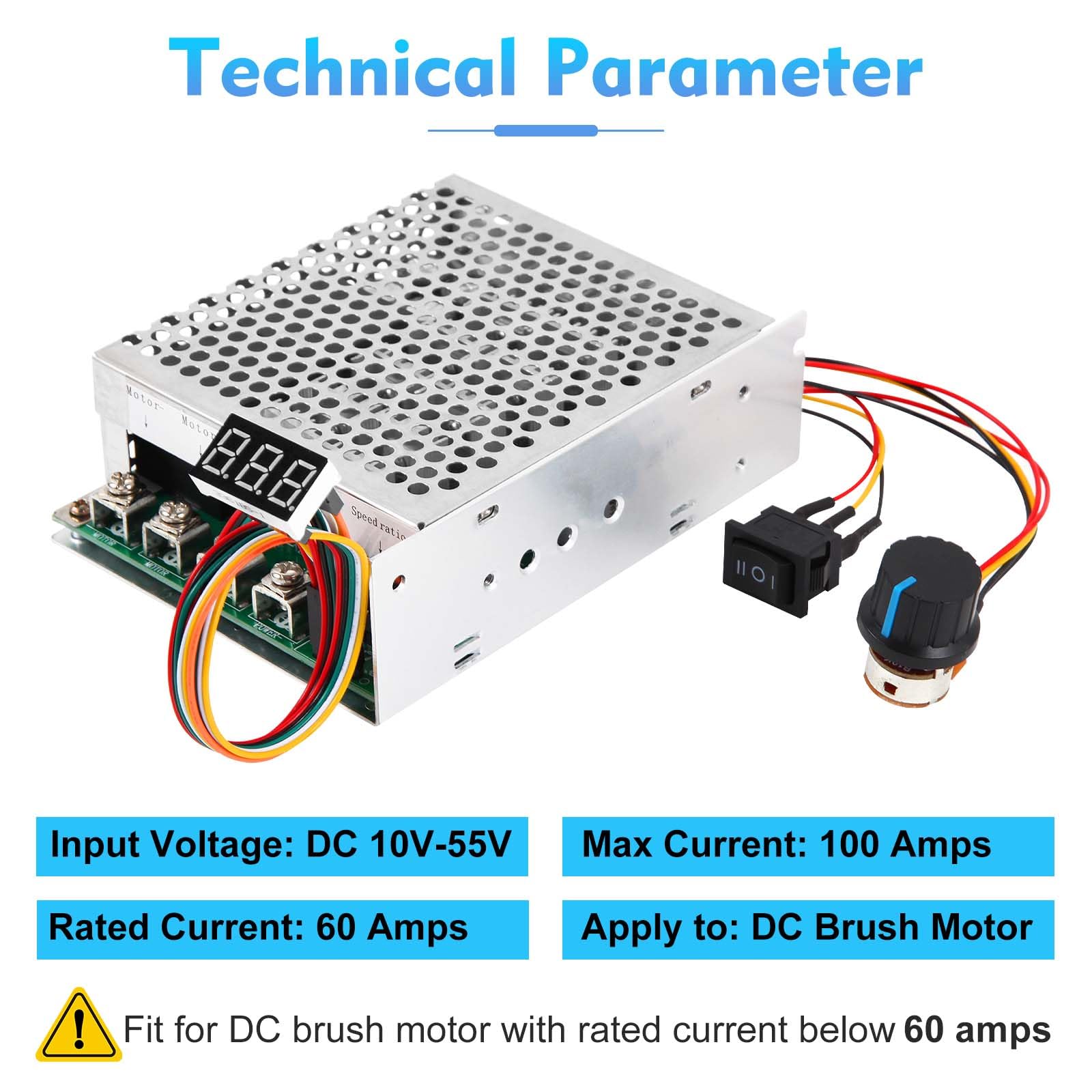 DC-Motor Drehzahlregler 10–55V / 0–100A – Mit Digitalanzeige, Potentiometer Und Klemmanschluss