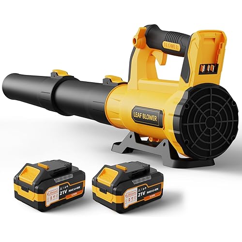 Leaf Blower Cordless with 2× 5.0Ah Batteries and Charger, 21V Electric, Lightweight Battery Powered Blowers for Lawn Care, Yard, Patio Cleaning, Blowing Leaves & Dust, Yellow