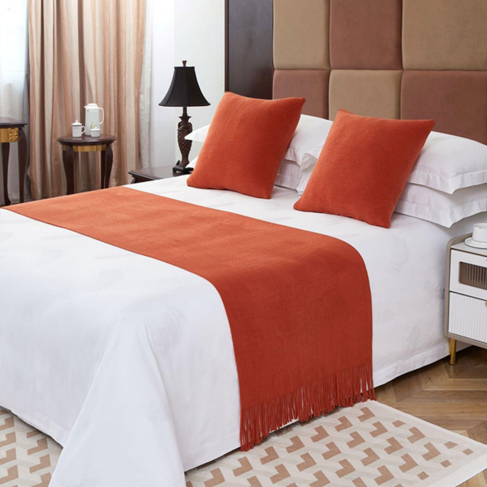 LEEMQCYA Bed Runners Tassels Orange Bed Scarf Hotel Bed Towel Bedspread Decoration Bedding Cover Protection for Single Double Super King Size Bed, 60X180cm