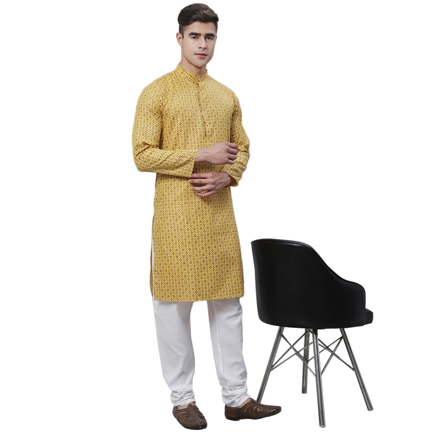 Sojanya (Since 1958 Men's Cotton Linen Mustard Foil Printed Kurta And White Pyjama Set