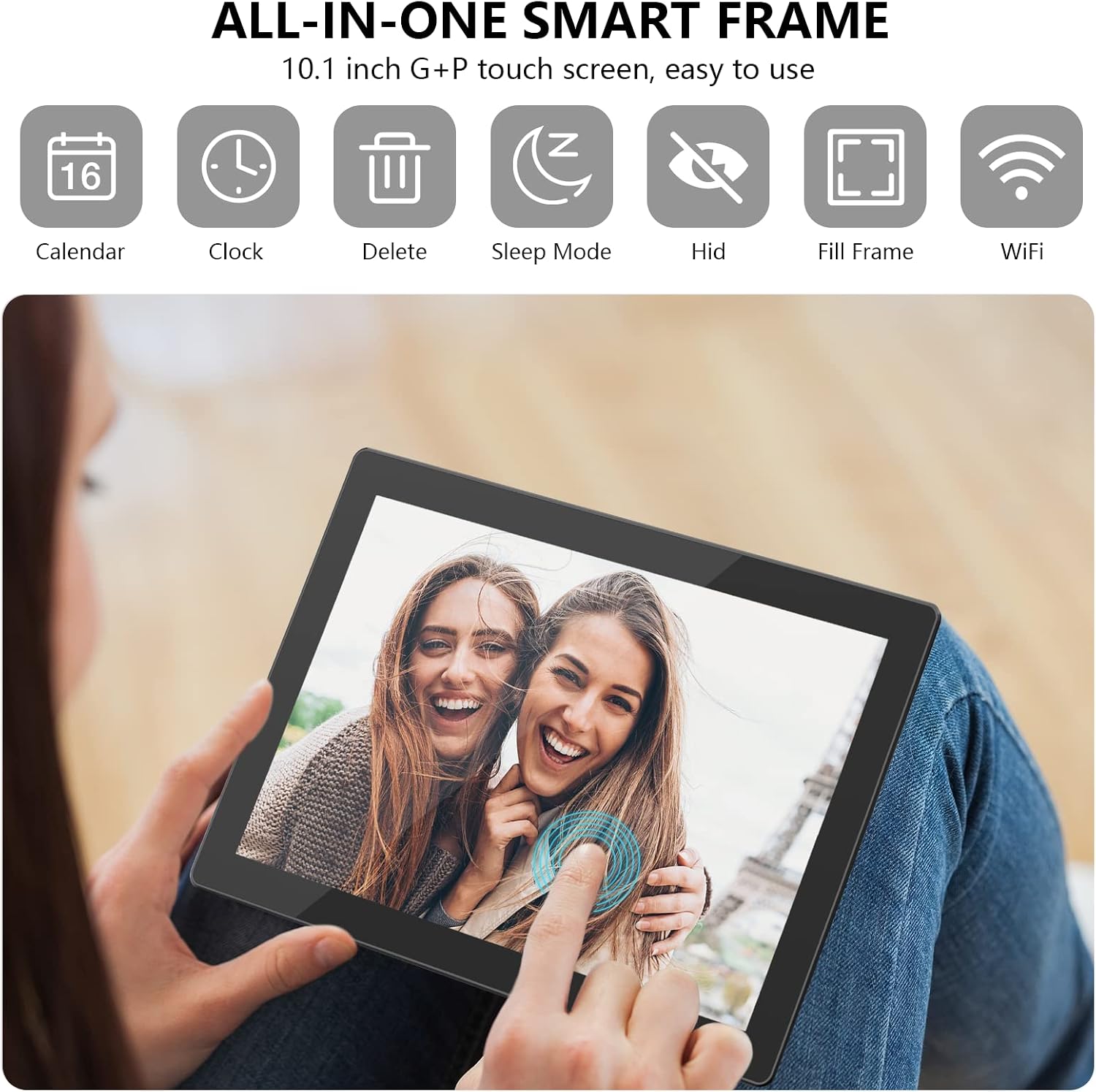 WiFi Digital Photo Frames 10.1 Inch Smart Digital Picture Frame Touch IPS Screen Electronic Photo Albums with 16GB Storage Easy Setup Share Photos Video via App Auto-Rotate