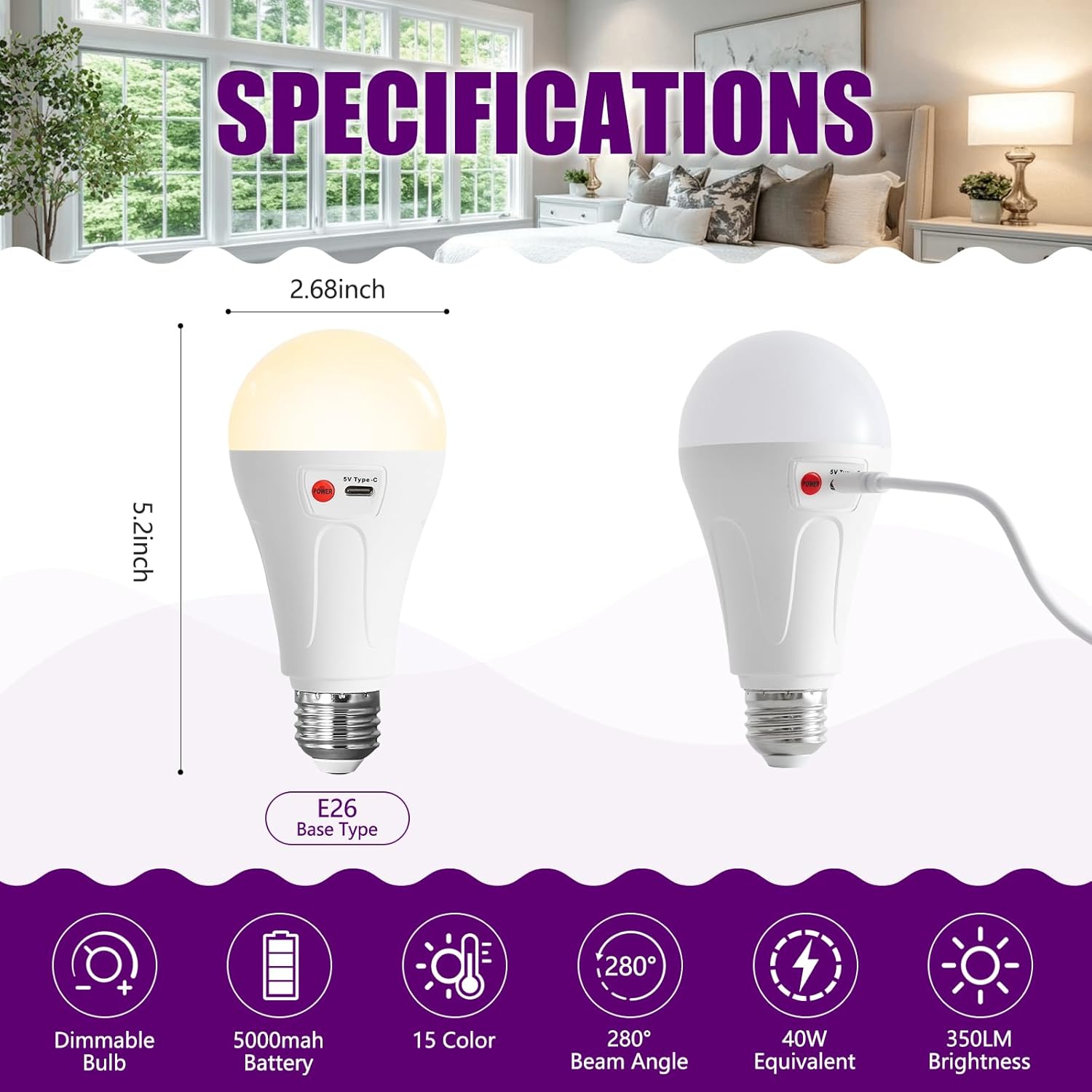 5000mAh Rechargeable Light Bulbs with Remote, E26 A21 Wireless Battery Operated LED Light Bulbs for Lamp, 12 RGB Dimmable Color Changing Light Bulb for Outdoor Use, 1 Pack