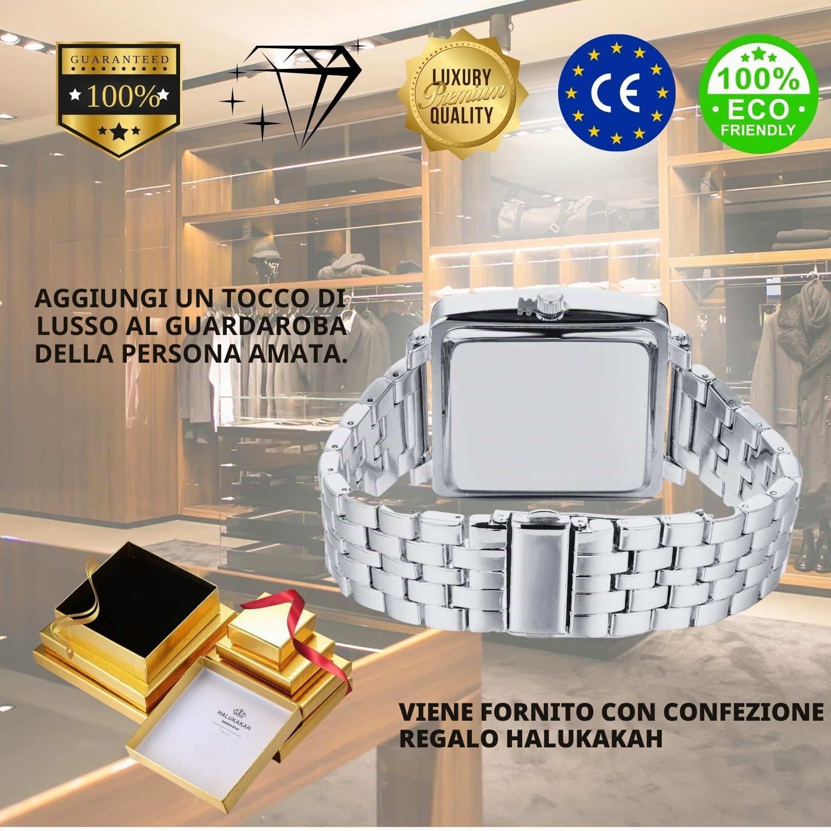 HALUKAKAH Moissanite Orologio in Oro con Diamanti per Uomo,Lusso Placcato in Vero Oro 18k/Oro Bianco Platino,Quadrante Quadrato Extra Grande con Numeri Artistici,Polsino 24cm,con Scatola Regalo