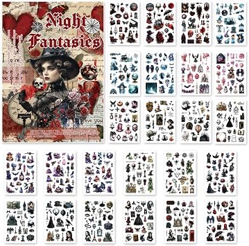 Bomichi Washi Stickers for Scrapbook, 24 Sheets Goth Sticker Book for Journaling, Dark Aesthetic Pre-Cut Stickers Book for Junk Journal Supplies Collage DIY Crafts Phone Cases Adult