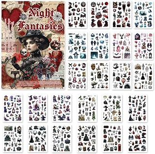Washi Stickers for Scrapbook, 24 Sheets Goth Sticker Book for Journaling, Dark Aesthetic Pre-Cut Stickers Book for Junk Journal Supplies Collage DIY Crafts Phone Cases Adult
