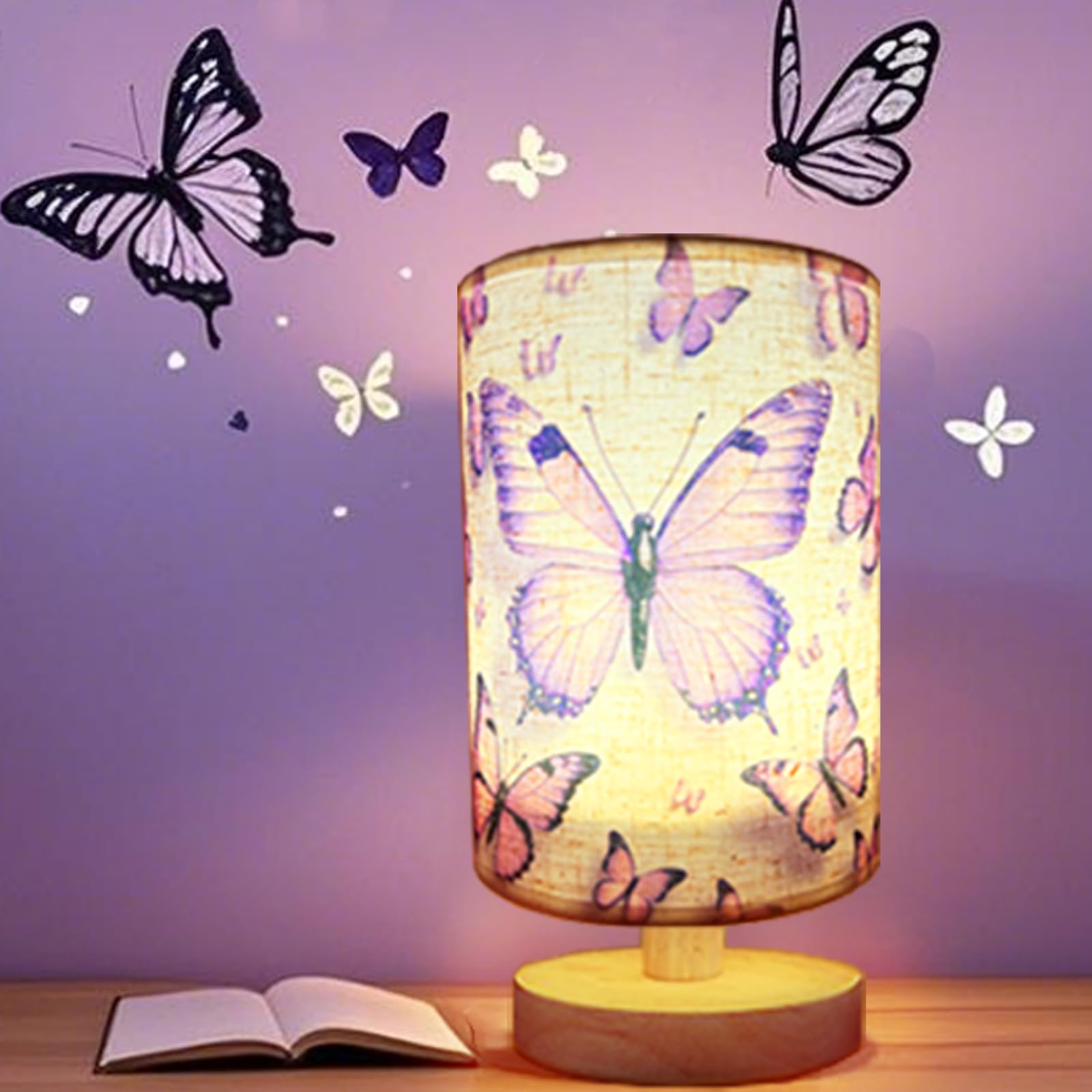 Butterfly Lamp, Kids Lamps for Bedrooms Girls, 3 Color Changing LED Night Light with 9 Brightness Levels Wood Nightstand Desk Base Flaxen Fabric Shade